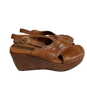 PONS QUINTANA Brown Crossed Strap Leather Sandals Wedges Shoes Women 36 5.5